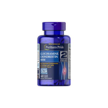 Puritan's Pride Glucosamine Chondroitin MSM (2 Per Day Formula) offers 60 coated caplets per blue bottle, supporting joint health with Glucosamine, Chondroitin, and MSM.